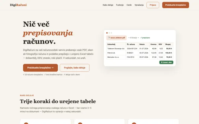 Spletna stran DigiRacun.si — Branje računov za računovodske servise