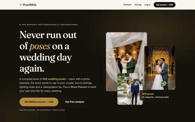 Spletna stran PoseBible.com — Baza 500 poročnih poz